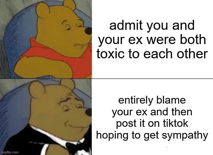Tuxedo Winnie The Pooh | admit you and your ex were both toxic to each other; entirely blame your ex and then post it on tiktok hoping to get sympathy | image tagged in memes,tuxedo winnie the pooh | made w/ Imgflip meme maker