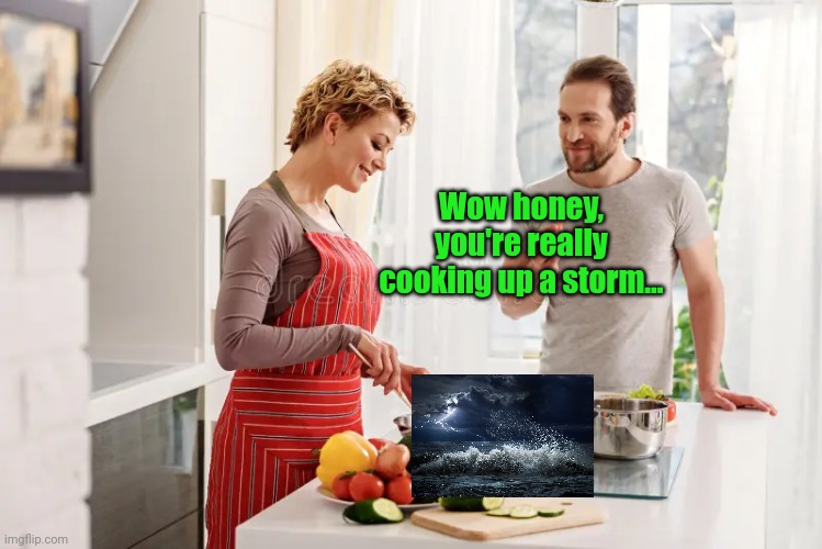 Meme #2,941 | Wow honey, you're really cooking up a storm... | image tagged in memes,puns,cooking,storm,funny,jokes | made w/ Imgflip meme maker