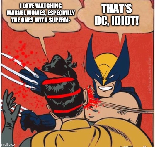 Robin kills the MCU? | I LOVE WATCHING MARVEL MOVIES, ESPECIALLY THE ONES WITH SUPERM-; THAT’S DC, IDIOT! | image tagged in wolverines kills robin,mcu,dc,wolverine,superman | made w/ Imgflip meme maker