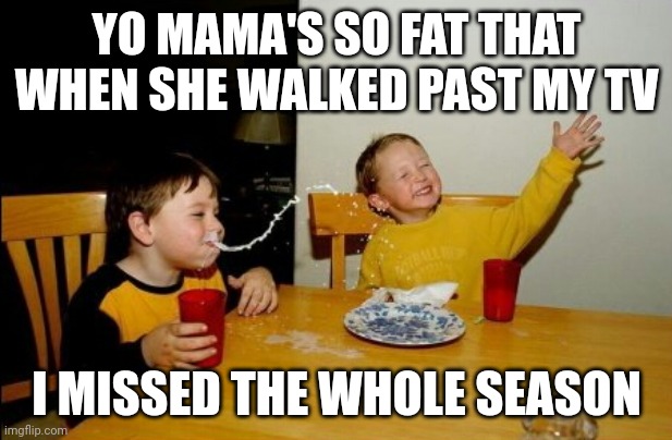 Yo mama | YO MAMA'S SO FAT THAT WHEN SHE WALKED PAST MY TV; I MISSED THE WHOLE SEASON | image tagged in memes,yo mamas so fat,joe mama,fat | made w/ Imgflip meme maker