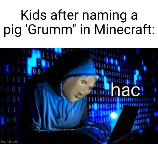 if you name something grumm it turns upside down | Kids after naming a pig 'Grumm" in Minecraft: | image tagged in hac,minecraft,so true,kids,hacker,video games | made w/ Imgflip meme maker