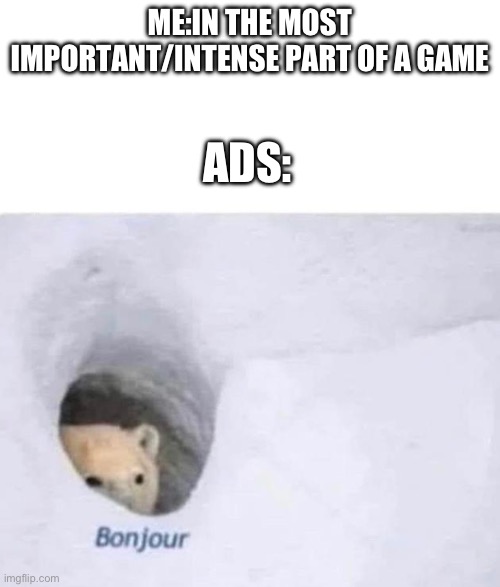 I HATE ADS | ME:IN THE MOST IMPORTANT/INTENSE PART OF A GAME; ADS: | image tagged in bonjour,ads,i hate ads,meme | made w/ Imgflip meme maker