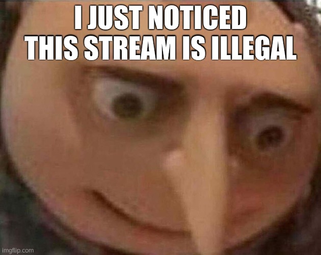 gru meme | I JUST NOTICED THIS STREAM IS ILLEGAL | image tagged in gru meme | made w/ Imgflip meme maker