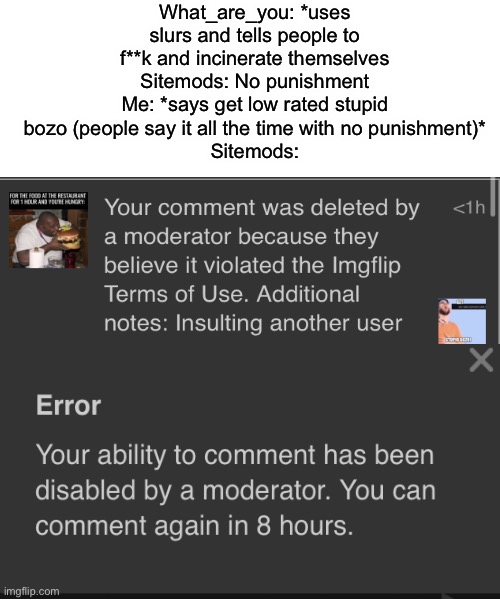 It’s just not fair | What_are_you: *uses slurs and tells people to f**k and incinerate themselves
Sitemods: No punishment
Me: *says get low rated stupid bozo (people say it all the time with no punishment)*
Sitemods: | made w/ Imgflip meme maker