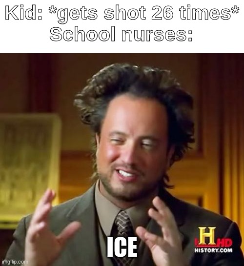 Ancient Aliens | Kid: *gets shot 26 times*
School nurses:; ICE | image tagged in memes,fr tho,meme,not a cat meme | made w/ Imgflip meme maker
