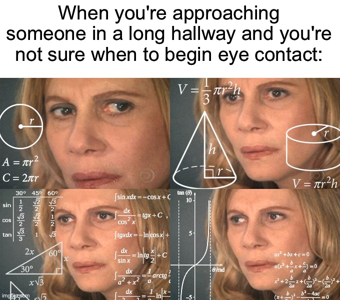 I do this a lot lol | When you're approaching someone in a long hallway and you're not sure when to begin eye contact: | image tagged in calculating meme,memes,funny,true story,relatable memes,walking | made w/ Imgflip meme maker