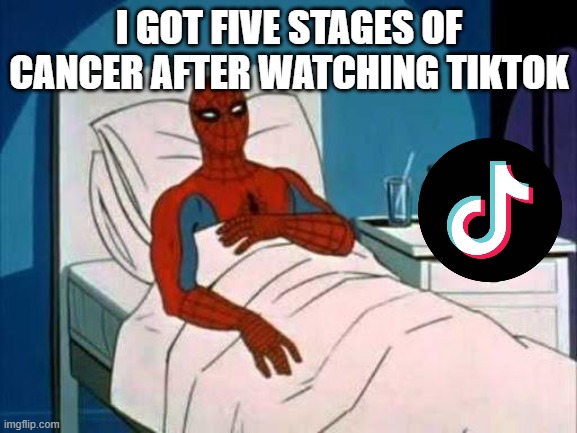 Spiderman Cancer | I GOT FIVE STAGES OF CANCER AFTER WATCHING TIKTOK | image tagged in spiderman cancer | made w/ Imgflip meme maker