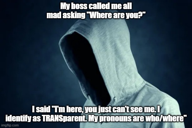 Transparent | My boss called me all mad asking "Where are you?"; I said "I'm here, you just can't see me. I identify as TRANSparent. My pronouns are who/where" | image tagged in funny memes,work sucks,work,disrespect,sarcasm,trans | made w/ Imgflip meme maker