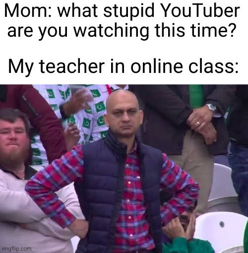 Meme #3,170 | Mom: what stupid YouTuber are you watching this time? My teacher in online class: | image tagged in disappointed man,memes,school,youtube,online,mom | made w/ Imgflip meme maker