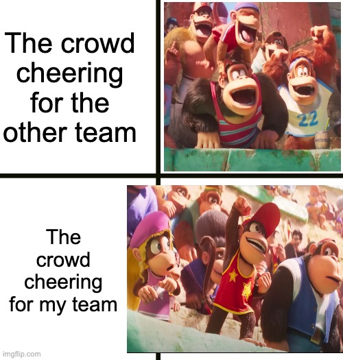 why does everyone hate our team | The crowd
cheering for the
other team; The crowd cheering for my team | image tagged in blank white template,sports,unfair | made w/ Imgflip meme maker