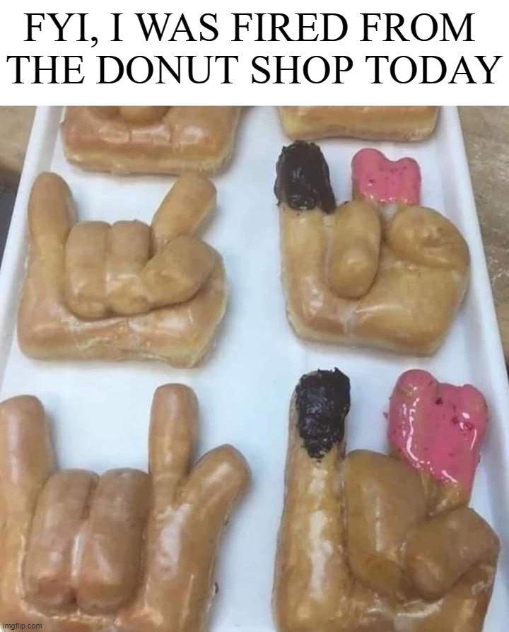 FYI, I WAS FIRED FROM 
THE DONUT SHOP TODAY | image tagged in pink,stinky | made w/ Imgflip meme maker