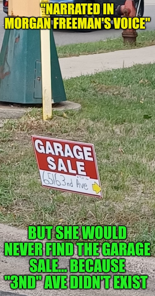 You know you heard this in Morgan Freeman's voice... | "NARRATED IN MORGAN FREEMAN'S VOICE"; BUT SHE WOULD NEVER FIND THE GARAGE SALE... BECAUSE "3ND" AVE DIDN'T EXIST | image tagged in morgan freeman,garage,oops,lost | made w/ Imgflip meme maker