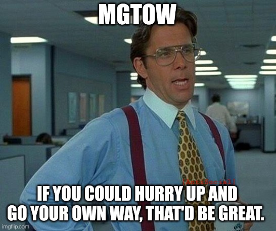 Go Your Own Way, Men | MGTOW; IF YOU COULD HURRY UP AND GO YOUR OWN WAY, THAT'D BE GREAT. [AntiSocial] | image tagged in that would be great,mgtow,misogyny | made w/ Imgflip meme maker