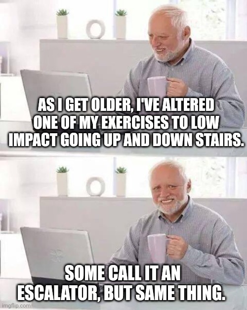 LOW impact exercises | AS I GET OLDER, I'VE ALTERED ONE OF MY EXERCISES TO LOW IMPACT GOING UP AND DOWN STAIRS. SOME CALL IT AN ESCALATOR, BUT SAME THING. | image tagged in memes,hide the pain harold,exercise,escalator,low effort,sarcasm | made w/ Imgflip meme maker
