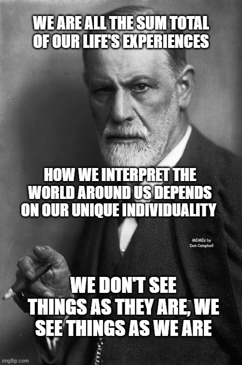 Sigmund Freud Meme | WE ARE ALL THE SUM TOTAL OF OUR LIFE'S EXPERIENCES; HOW WE INTERPRET THE WORLD AROUND US DEPENDS ON OUR UNIQUE INDIVIDUALITY; MEMEs by Dan Campbell; WE DON'T SEE THINGS AS THEY ARE, WE SEE THINGS AS WE ARE | image tagged in memes,sigmund freud | made w/ Imgflip meme maker