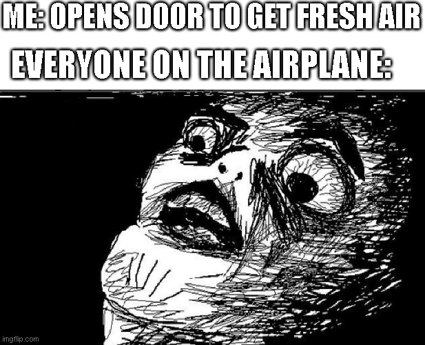 when you suddenly want to get some vitamin d... | ME: OPENS DOOR TO GET FRESH AIR; EVERYONE ON THE AIRPLANE: | image tagged in shocked face,shock,airplane | made w/ Imgflip meme maker