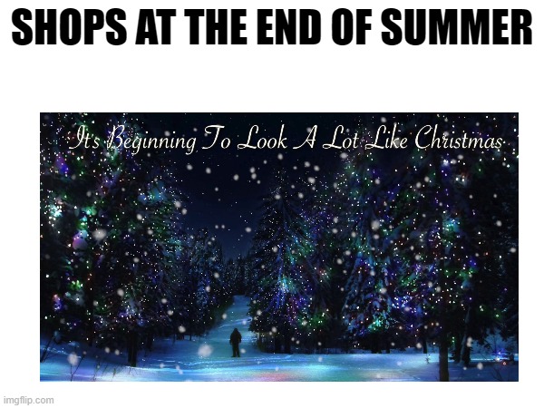 The temperatures aren't even falling yet where I live | SHOPS AT THE END OF SUMMER | image tagged in christmas,shop,shops,memes,christmas memes,christmas carol | made w/ Imgflip meme maker