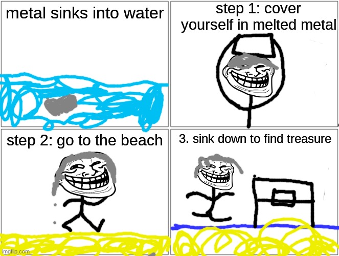 Blank Comic Panel 2x2 | step 1: cover yourself in melted metal; metal sinks into water; step 2: go to the beach; 3. sink down to find treasure | image tagged in memes,blank comic panel 2x2,troll face | made w/ Imgflip meme maker