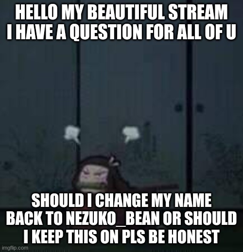 i cant choose what i what to do | HELLO MY BEAUTIFUL STREAM I HAVE A QUESTION FOR ALL OF U; SHOULD I CHANGE MY NAME BACK TO NEZUKO_BEAN OR SHOULD I KEEP THIS ON PLS BE HONEST | image tagged in demon slayer nezuko | made w/ Imgflip meme maker