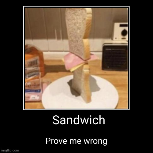 Meme #3,555 | Sandwich | Prove me wrong | image tagged in funny,demotivationals,sandwich,stand,memes,change my mind | made w/ Imgflip demotivational maker