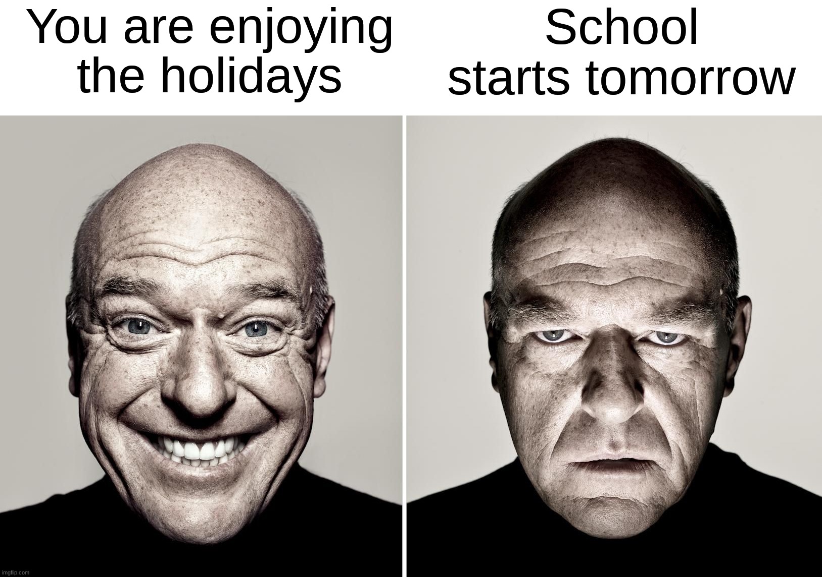 The worst thing of all time  (‘◉⌓◉’) | You are enjoying the holidays; School starts tomorrow | image tagged in dean norris's reaction,memes,funny,true story,relatable memes,school | made w/ Imgflip meme maker