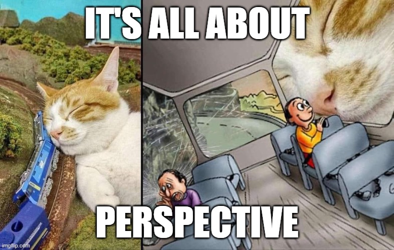 It's all about Perspective | IT'S ALL ABOUT; PERSPECTIVE | image tagged in funny,cat,cats,train,trains,perspective | made w/ Imgflip meme maker