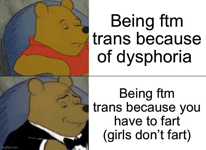 Obv a /j moment I have very bad dysphoria :( | Being ftm trans because of dysphoria; Being ftm trans because you have to fart (girls don’t fart) | image tagged in memes,tuxedo winnie the pooh,ftm,transgender | made w/ Imgflip meme maker