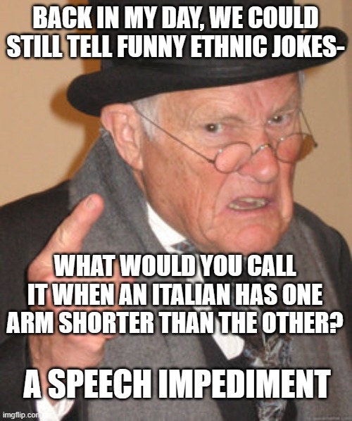 Back In My Day Meme | BACK IN MY DAY, WE COULD STILL TELL FUNNY ETHNIC JOKES-; WHAT WOULD YOU CALL IT WHEN AN ITALIAN HAS ONE ARM SHORTER THAN THE OTHER? A SPEECH IMPEDIMENT | image tagged in memes,back in my day | made w/ Imgflip meme maker