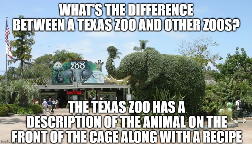 Texas is different | WHAT'S THE DIFFERENCE BETWEEN A TEXAS ZOO AND OTHER ZOOS? THE TEXAS ZOO HAS A DESCRIPTION OF THE ANIMAL ON THE FRONT OF THE CAGE ALONG WITH A RECIPE | image tagged in texas,zoo | made w/ Imgflip meme maker