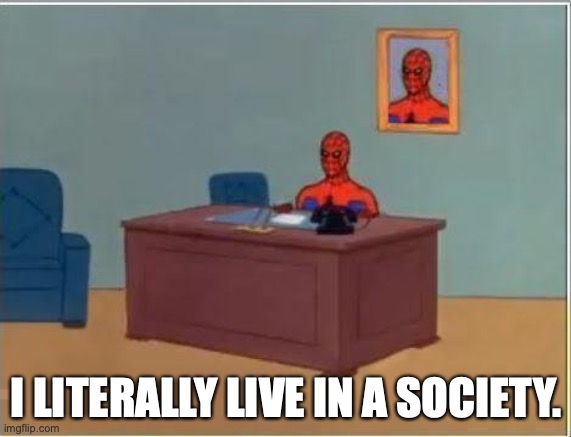 Wrong superhero multiverse, man. | I LITERALLY LIVE IN A SOCIETY. | image tagged in memes,spiderman computer desk,spiderman | made w/ Imgflip meme maker