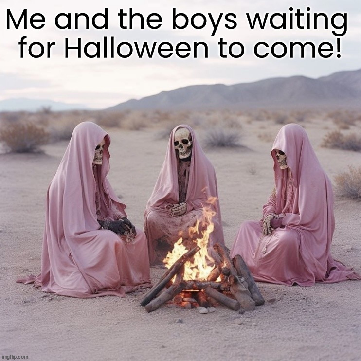 Finally getting cool, Spooky season has started. | Me and the boys waiting 
for Halloween to come! | image tagged in me and the boys,halloween,spooky skeleton,waiting | made w/ Imgflip meme maker