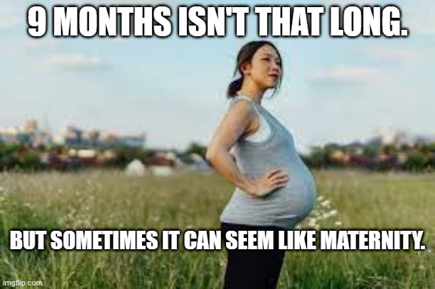 meme by Brad 9 months seems like maternity | 9 MONTHS ISN'T THAT LONG. BUT SOMETIMES IT CAN SEEM LIKE MATERNITY. | image tagged in pregnant | made w/ Imgflip meme maker