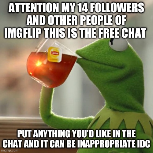 I will follow you if you do you don’t have to upvote | ATTENTION MY 14 FOLLOWERS AND OTHER PEOPLE OF IMGFLIP THIS IS THE FREE CHAT; PUT ANYTHING YOU’D LIKE IN THE CHAT AND IT CAN BE INAPPROPRIATE IDC | image tagged in memes,but that's none of my business,kermit the frog | made w/ Imgflip meme maker
