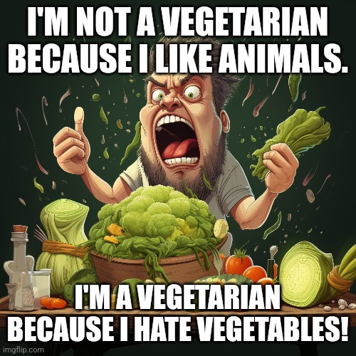 I'm a vegetarian | I'M NOT A VEGETARIAN BECAUSE I LIKE ANIMALS. I'M A VEGETARIAN BECAUSE I HATE VEGETABLES! | image tagged in vegetarian,animals,humor | made w/ Imgflip meme maker