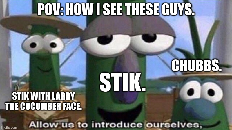 POV: How I See These Guys. | POV: HOW I SEE THESE GUYS. CHUBBS. STIK. STIK WITH LARRY THE CUCUMBER FACE. | image tagged in veggietales 'allow us to introduce ourselfs' | made w/ Imgflip meme maker