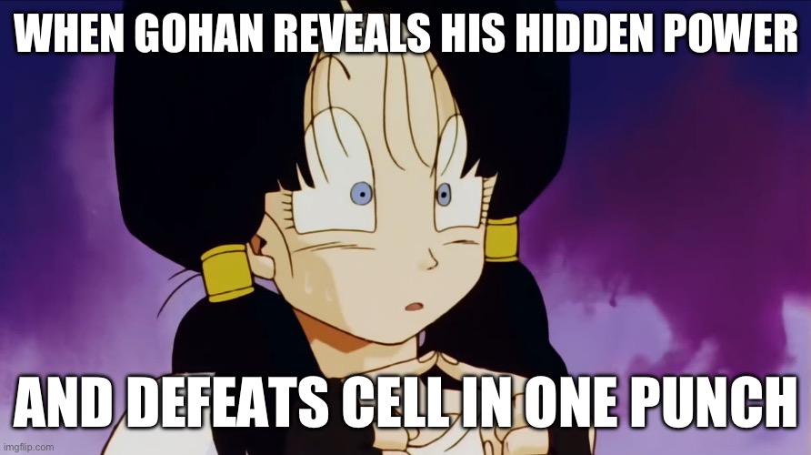 Another Ai Generated meme, not made by me | WHEN GOHAN REVEALS HIS HIDDEN POWER; AND DEFEATS CELL IN ONE PUNCH | image tagged in shocked videl template,gohan,videl,memes,dragon ball,dragon ball z kai | made w/ Imgflip meme maker