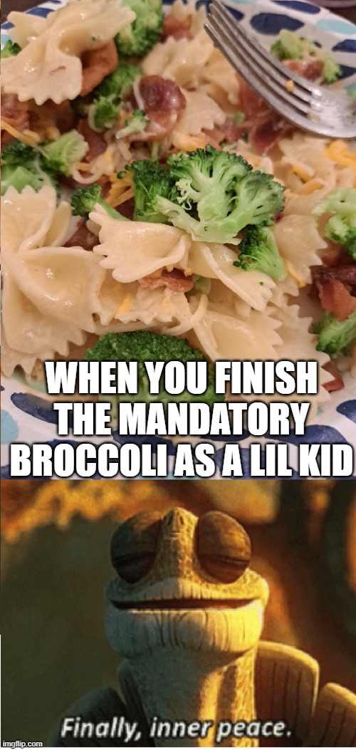 Inner peace | WHEN YOU FINISH THE MANDATORY BROCCOLI AS A LIL KID | image tagged in broccoli,dinner,finally inner peace,fun | made w/ Imgflip meme maker