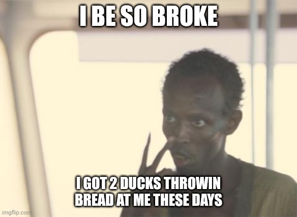 Captain destitute | I BE SO BROKE; I GOT 2 DUCKS THROWIN BREAD AT ME THESE DAYS | image tagged in memes,i'm the captain now,poor people,ghetto,idiot | made w/ Imgflip meme maker