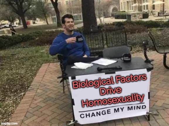 Biological factors drive homosexuality | Biological Factors 
Drive 
Homosexuality | image tagged in memes,change my mind,homosexuality,homosexual,gay pride,why are you gay | made w/ Imgflip meme maker