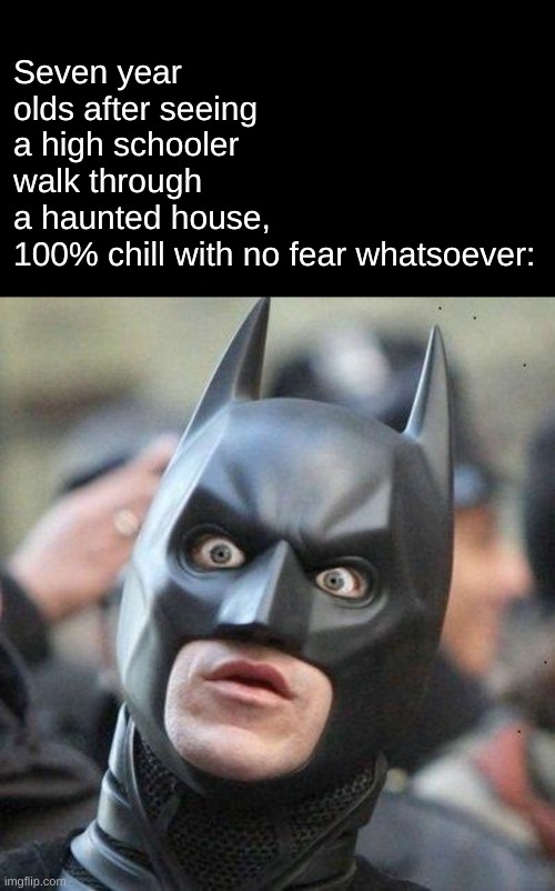 Meme idea by my friend Existent! | Seven year olds after seeing a high schooler walk through a haunted house, 100% chill with no fear whatsoever: | image tagged in shocked batman,existent,thank you,halloween | made w/ Imgflip meme maker