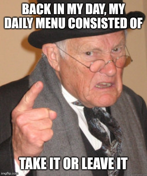 Back In My Day | BACK IN MY DAY, MY DAILY MENU CONSISTED OF; TAKE IT OR LEAVE IT | image tagged in memes,back in my day | made w/ Imgflip meme maker