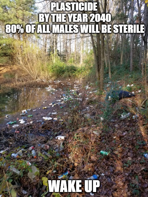 Its not too late | PLASTICIDE
 BY THE YEAR 2040
 80% OF ALL MALES WILL BE STERILE; WAKE UP | image tagged in pollution | made w/ Imgflip meme maker