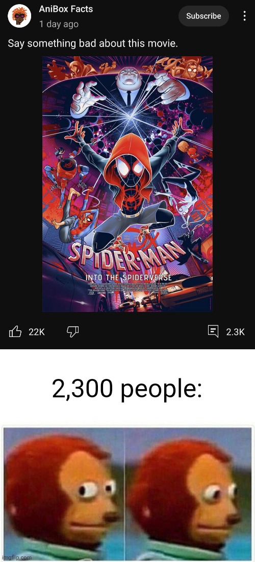 2,300 people: | image tagged in monkey puppet,spiderman,miles morales | made w/ Imgflip meme maker