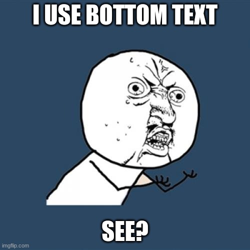 Bottom text | I USE BOTTOM TEXT; SEE? | image tagged in memes,y u no | made w/ Imgflip meme maker