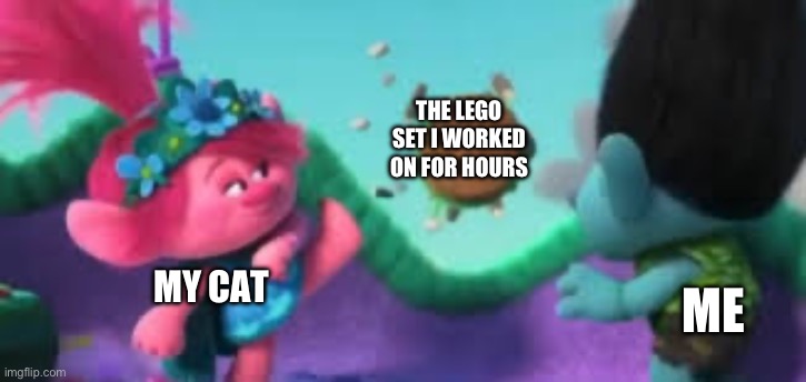 My mermaid world is ruined | THE LEGO SET I WORKED ON FOR HOURS; MY CAT; ME | image tagged in legos,trolls | made w/ Imgflip meme maker