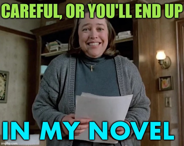 Careful, or you'll end up in my novel. | CAREFUL, OR YOU'LL END UP; IN MY NOVEL | image tagged in kathy bates,stephen king,misery,hollywood,horror movie,horror movies | made w/ Imgflip meme maker