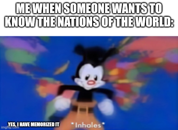 *INHAILS AGRESSIVLY* | ME WHEN SOMEONE WANTS TO KNOW THE NATIONS OF THE WORLD:; YES, I HAVE MEMORIZED IT | image tagged in yakko inhale,yakko,yakko's world,animaniacs,hehehe,hehe | made w/ Imgflip meme maker