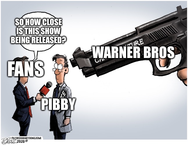 Get canclled | SO HOW CLOSE IS THIS SHOW BEING RELEASED? WARNER BROS; FANS; PIBBY | image tagged in cancel culture gun,pibby | made w/ Imgflip meme maker