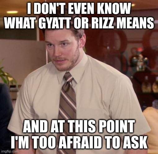 these slang words sound so unnatural and gross wth | I DON'T EVEN KNOW WHAT GYATT OR RIZZ MEANS; AND AT THIS POINT I'M TOO AFRAID TO ASK | image tagged in memes,afraid to ask andy | made w/ Imgflip meme maker