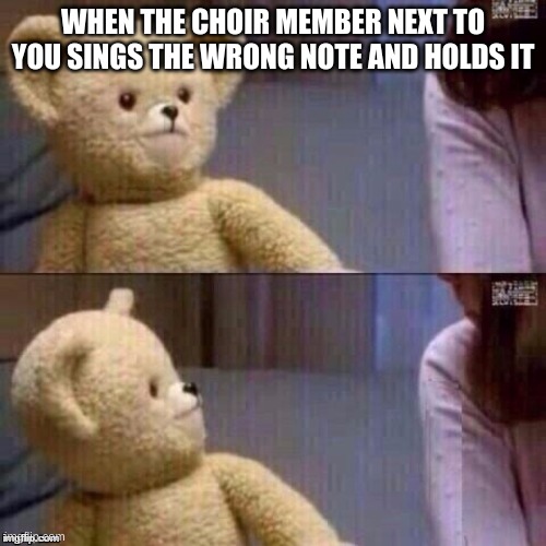 What? Teddy Bear | WHEN THE CHOIR MEMBER NEXT TO YOU SINGS THE WRONG NOTE AND HOLDS IT | image tagged in what teddy bear | made w/ Imgflip meme maker